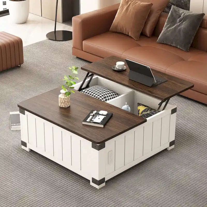 Table basse relevable de style rustique avec rangement