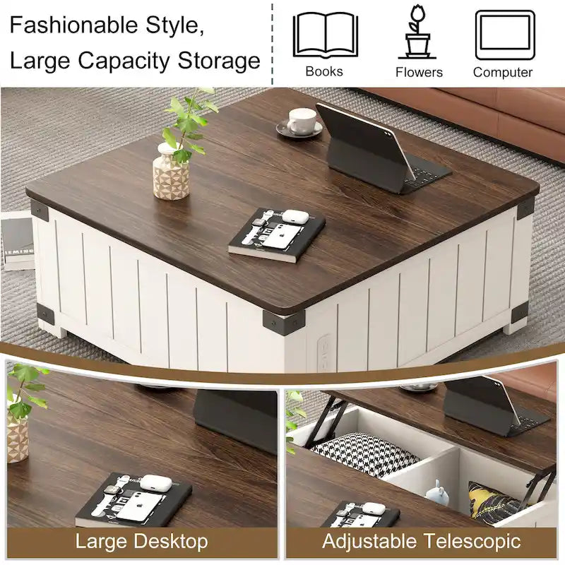 Table basse relevable de style rustique avec rangement