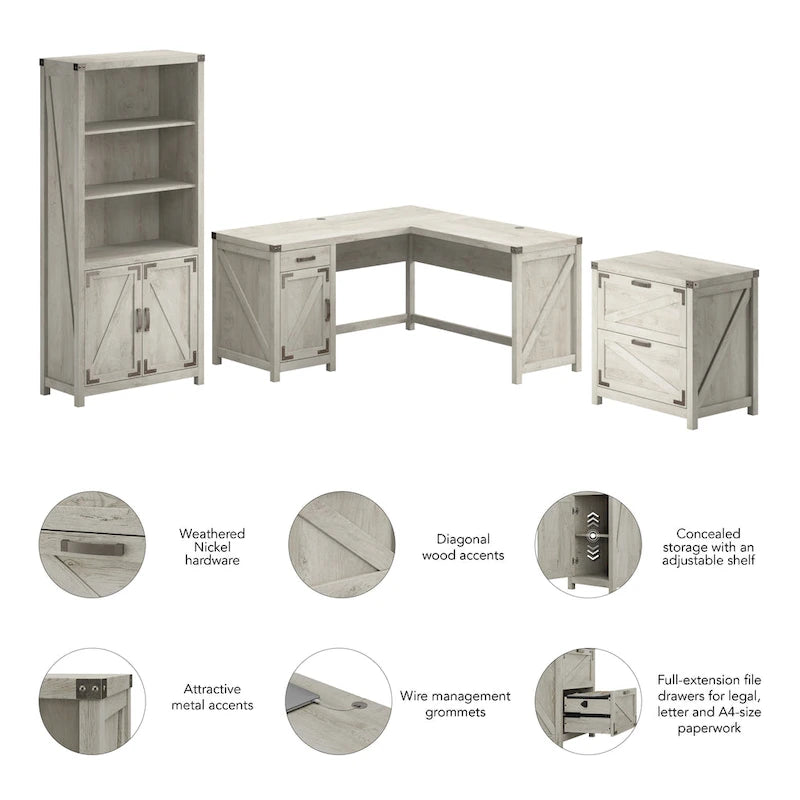 Bureau en L de 60 W avec classeur et bibliothèque