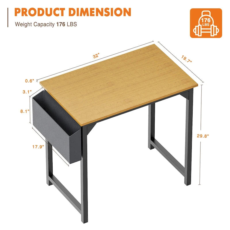 Bureau d'ordinateur moderne avec sac de rangement et support pour casque pour chambres à coucher, coins bureau ou petits bureaux à domicile