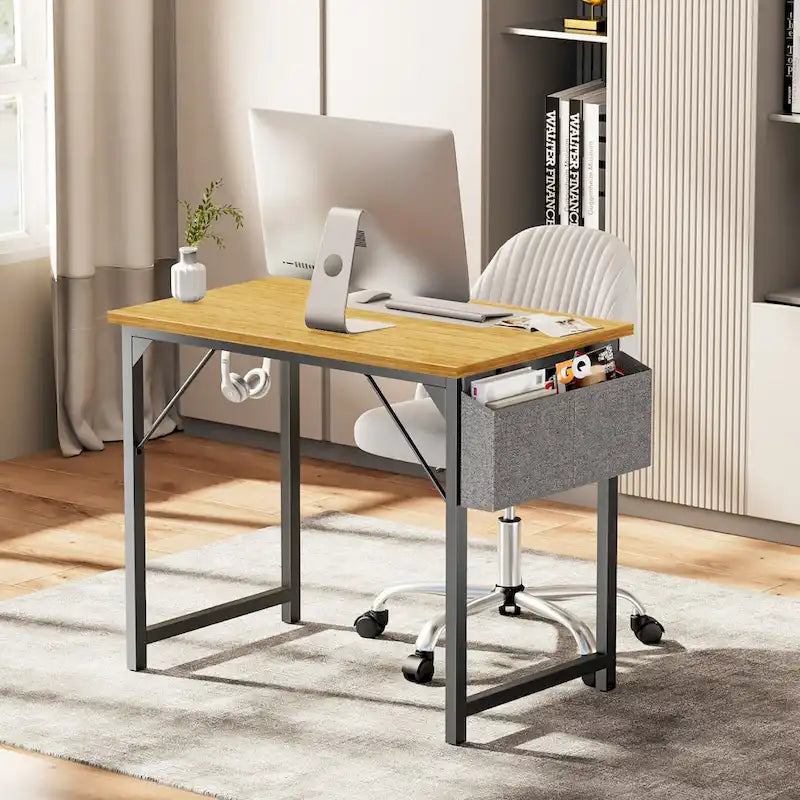 Bureau d'ordinateur moderne avec sac de rangement et support pour casque pour chambres à coucher, coins bureau ou petits bureaux à domicile