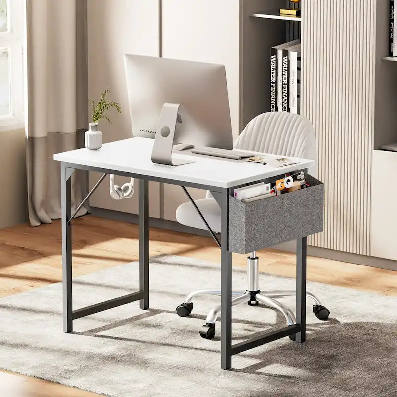 Bureau d'ordinateur moderne avec sac de rangement et support pour casque pour chambres à coucher, coins bureau ou petits bureaux à domicile
