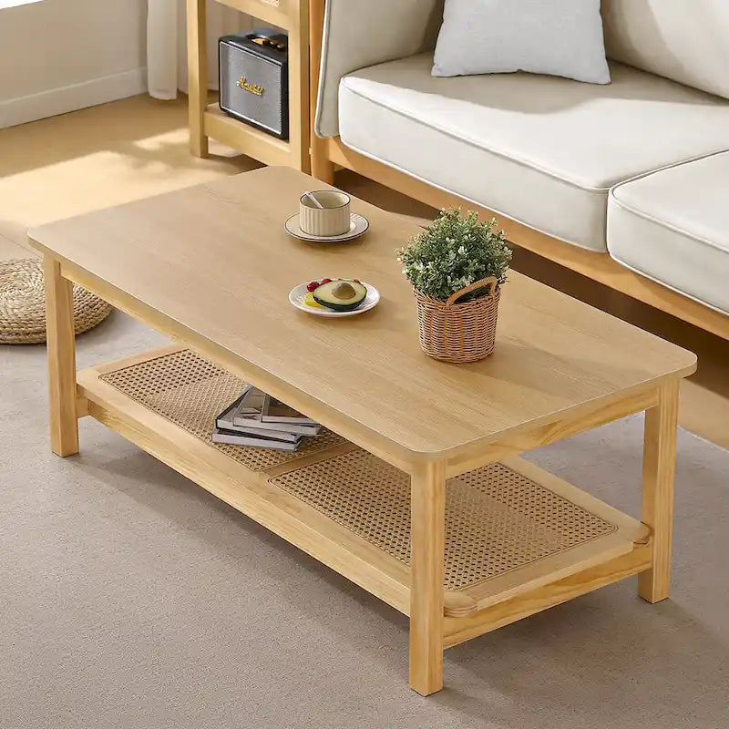 Table basse rectangulaire à 2 niveaux avec étagère de rangement en rotin - 120L x 60l x 45H cm