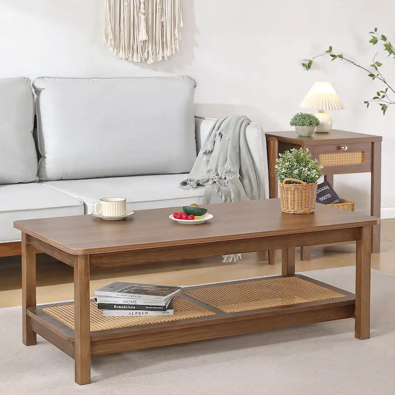 Table basse rectangulaire à 2 niveaux avec étagère de rangement en rotin - 120L x 60l x 45H cm