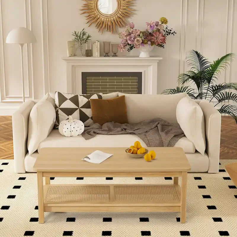 Table basse rectangulaire à 2 niveaux avec étagère de rangement en rotin - 120L x 60l x 45H cm