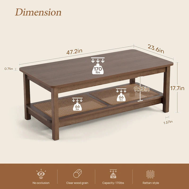 Table basse rectangulaire à 2 niveaux avec étagère de rangement en rotin - 120L x 60l x 45H cm