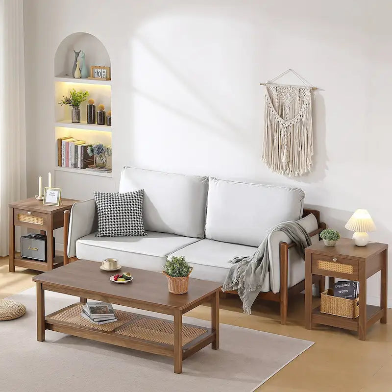 Table basse rectangulaire à 2 niveaux avec étagère de rangement en rotin - 120L x 60l x 45H cm