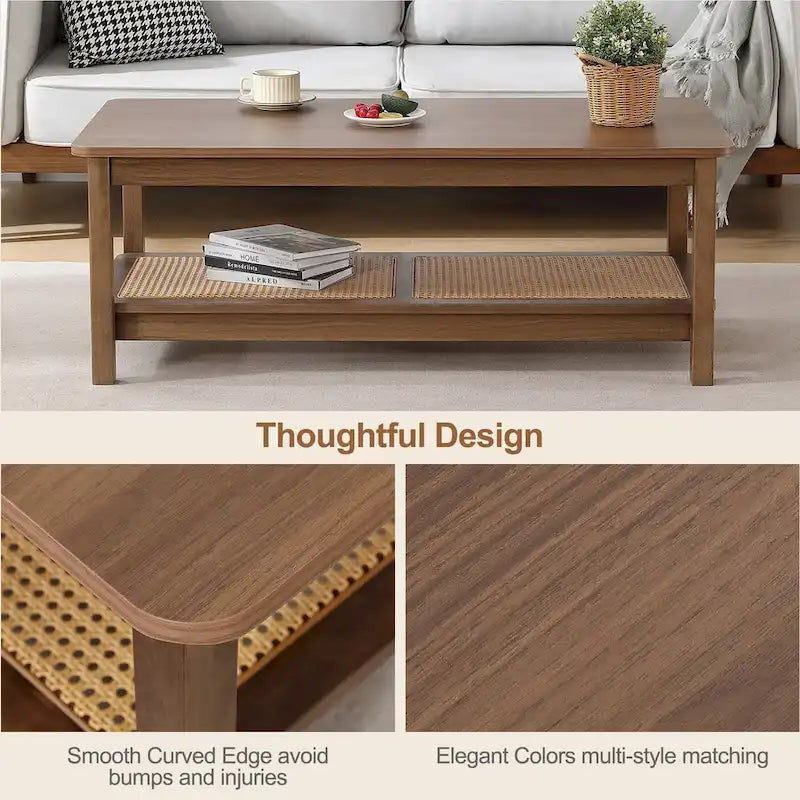 Table basse rectangulaire à 2 niveaux avec étagère de rangement en rotin - 120L x 60l x 45H cm