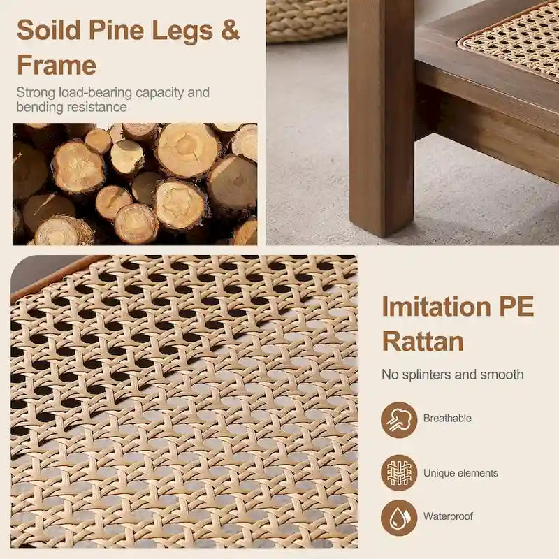 Table basse rectangulaire à 2 niveaux avec étagère de rangement en rotin - 120L x 60l x 45H cm