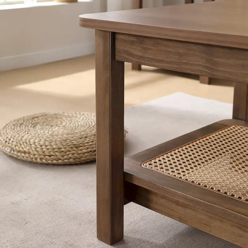 Table basse rectangulaire à 2 niveaux avec étagère de rangement en rotin - 120L x 60l x 45H cm