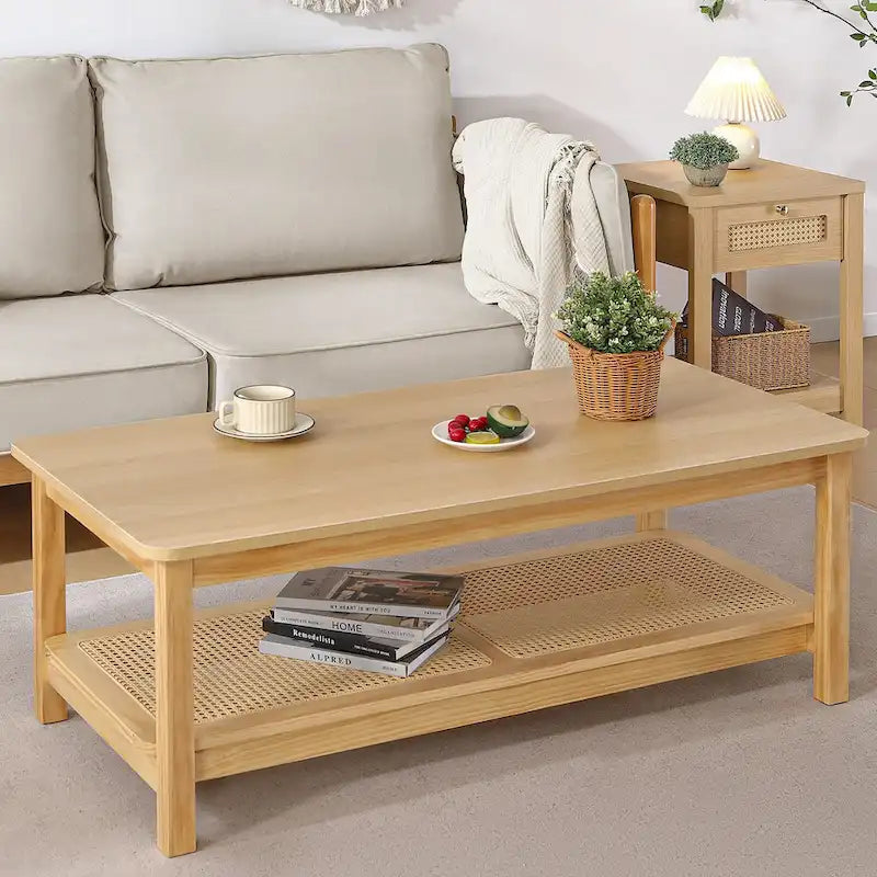 Table basse rectangulaire à 2 niveaux avec étagère de rangement en rotin - 120L x 60l x 45H cm