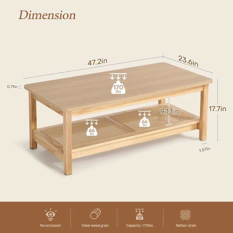 Table basse rectangulaire à 2 niveaux avec étagère de rangement en rotin - 120L x 60l x 45H cm
