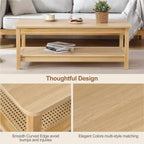 Table basse rectangulaire à 2 niveaux avec étagère de rangement en rotin - 120L x 60l x 45H cm