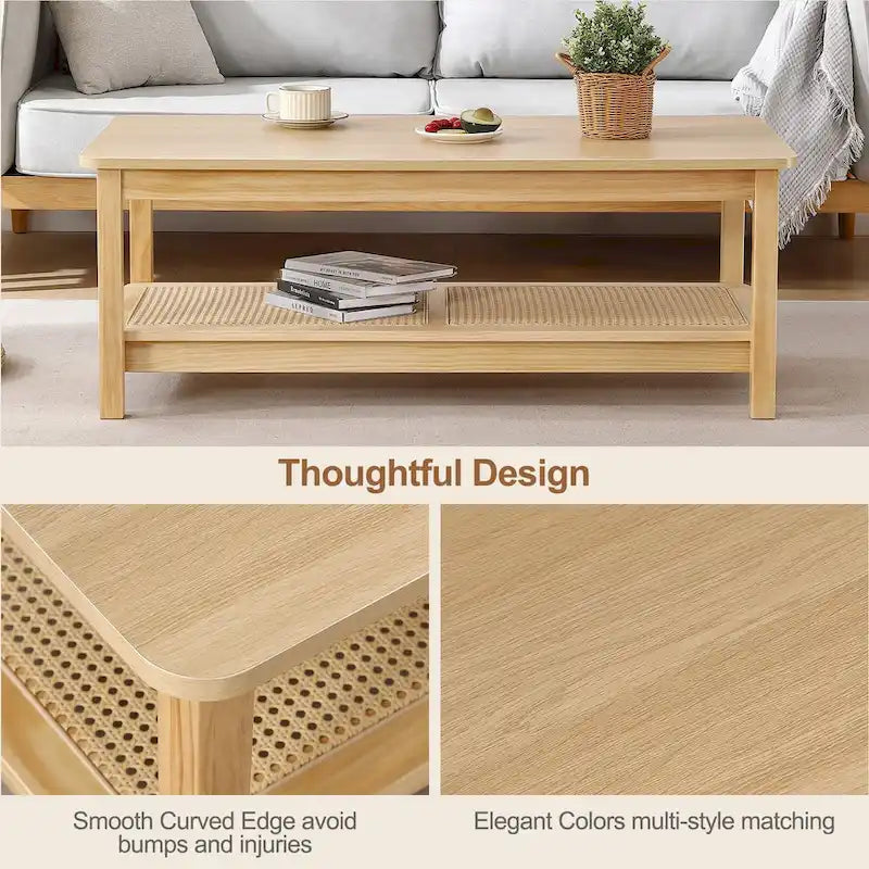 Table basse rectangulaire à 2 niveaux avec étagère de rangement en rotin - 120L x 60l x 45H cm