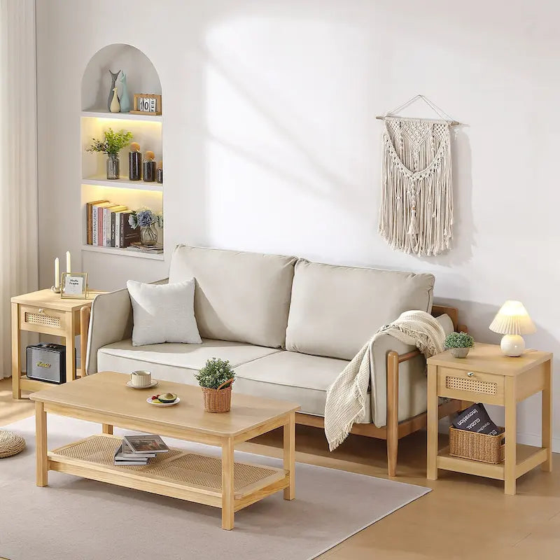 Table basse rectangulaire à 2 niveaux avec étagère de rangement en rotin - 120L x 60l x 45H cm