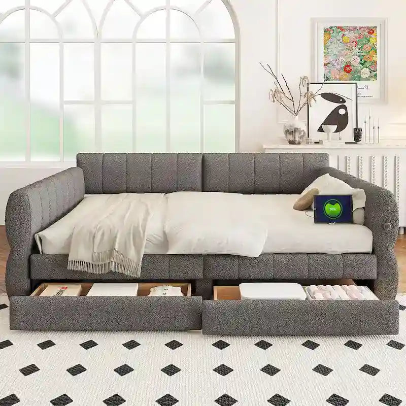 Lit Queen Size capitonné avec port USB - Cadre de lit plateforme avec 2 tiroirs de rangement - Tête de lit en tissu luxueux incluse
