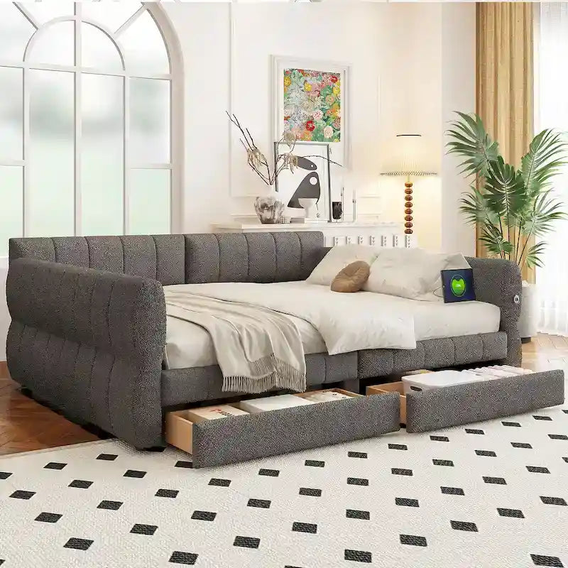 Lit Queen Size capitonné avec port USB - Cadre de lit plateforme avec 2 tiroirs de rangement - Tête de lit en tissu luxueux incluse
