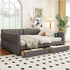 Lit Queen Size capitonné avec port USB - Cadre de lit plateforme avec 2 tiroirs de rangement - Tête de lit en tissu luxueux incluse
