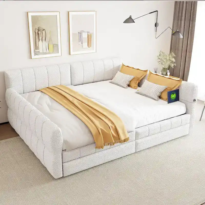 Lit Queen Size capitonné avec port USB - Cadre de lit plateforme avec 2 tiroirs de rangement - Tête de lit en tissu luxueux incluse