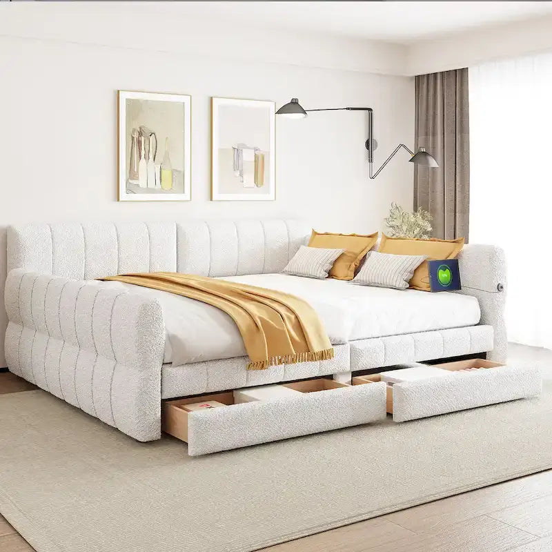 Lit Queen Size capitonné avec port USB - Cadre de lit plateforme avec 2 tiroirs de rangement - Tête de lit en tissu luxueux incluse