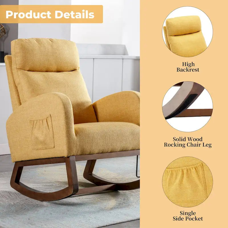 Fauteuil-planeur moderne, fauteuil inclinable avec pieds en bois et poche latérale, fauteuil à bascule d'appoint pour chambre de bébé avec dossier haut