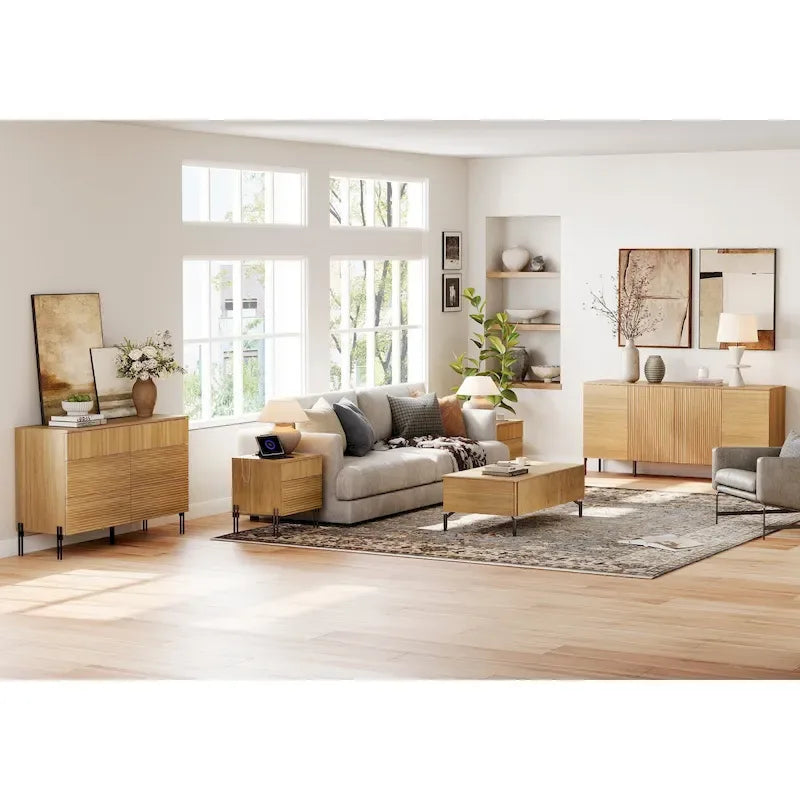 Ensemble de 4 meubles de chambre à coucher, commode à 6 tiroirs cannelés 120 cm, buffet 155 cm, 2 tables de chevet avec station de recharge, chêne