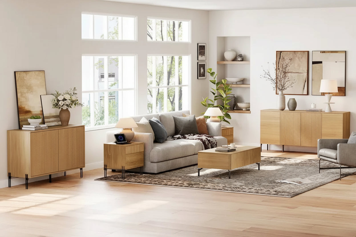  4-Piece Bedroom Furniture Set, 47 Fluted 6 Drawer Dresser, 61 Buffet Sideboard, 2 Nightstand with Charging Station, Oak