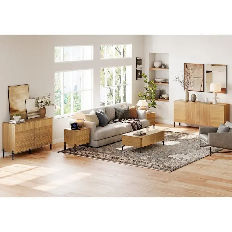 Ensemble de 4 meubles de chambre à coucher, commode à 6 tiroirs cannelés 120 cm, buffet 155 cm, 2 tables de chevet avec station de recharge, chêne