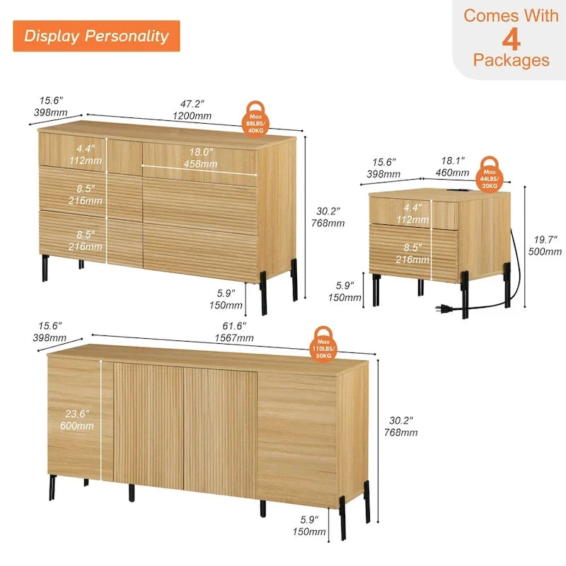 Ensemble de 4 meubles de chambre à coucher, commode à 6 tiroirs cannelés 120 cm, buffet 155 cm, 2 tables de chevet avec station de recharge, chêne