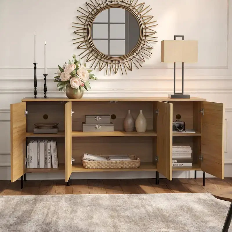 Ensemble de 4 meubles de chambre à coucher, commode à 6 tiroirs cannelés 120 cm, buffet 155 cm, 2 tables de chevet avec station de recharge, chêne