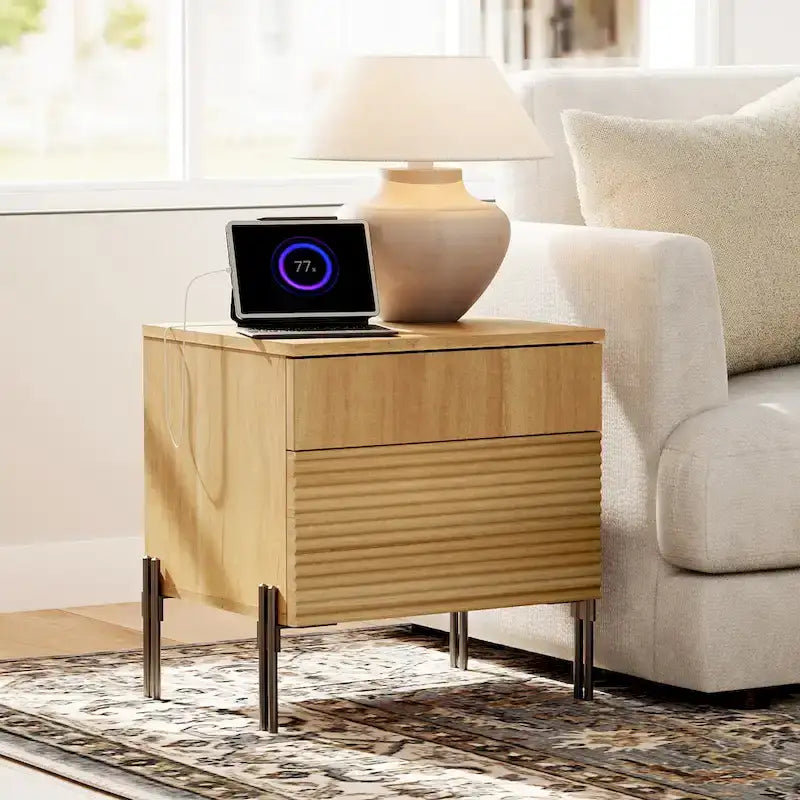 Ensemble de 4 meubles de chambre à coucher, commode à 6 tiroirs cannelés 120 cm, buffet 155 cm, 2 tables de chevet avec station de recharge, chêne