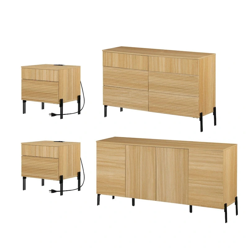 Ensemble de 4 meubles de chambre à coucher, commode à 6 tiroirs cannelés 120 cm, buffet 155 cm, 2 tables de chevet avec station de recharge, chêne