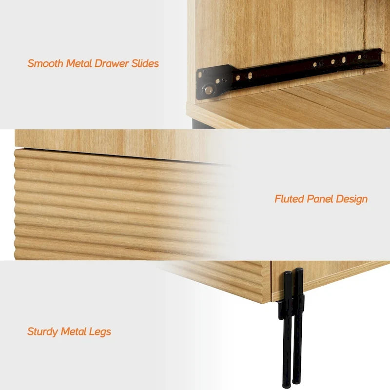 Ensemble de 4 meubles de chambre à coucher, commode à 6 tiroirs cannelés 120 cm, buffet 155 cm, 2 tables de chevet avec station de recharge, chêne