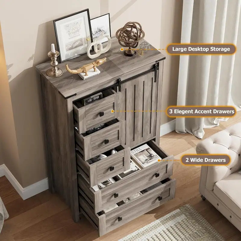 Commode à 5 tiroirs, commode de ferme avec porte coulissante de style grange