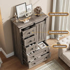 Commode à 5 tiroirs, commode de ferme avec porte coulissante de style grange