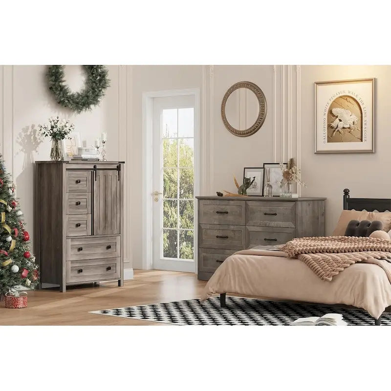 Commode à 5 tiroirs, commode de ferme avec porte coulissante de style grange