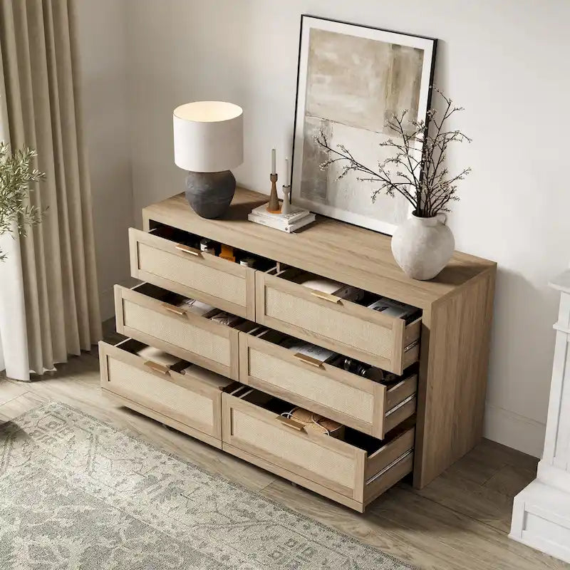 Lot de 2 commodes d'angle élégantes avec 6 tiroirs en rotin tressé
