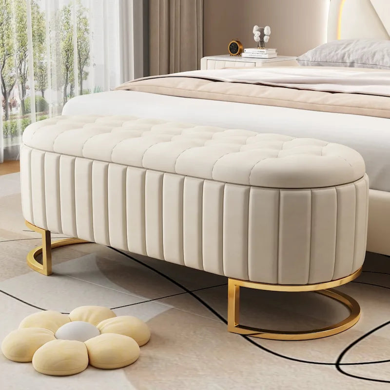 Pouf de rangement élégant en velours capitonné, banc rembourré avec pieds en métal pour chambre à coucher