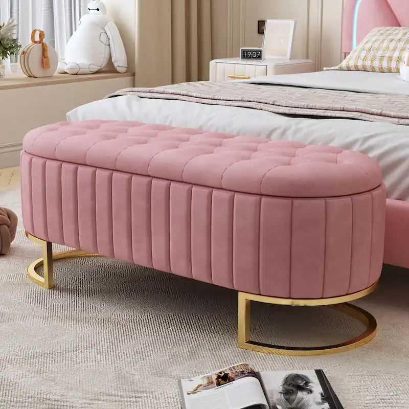 Pouf de rangement élégant en velours capitonné, banc rembourré avec pieds en métal pour chambre à coucher
