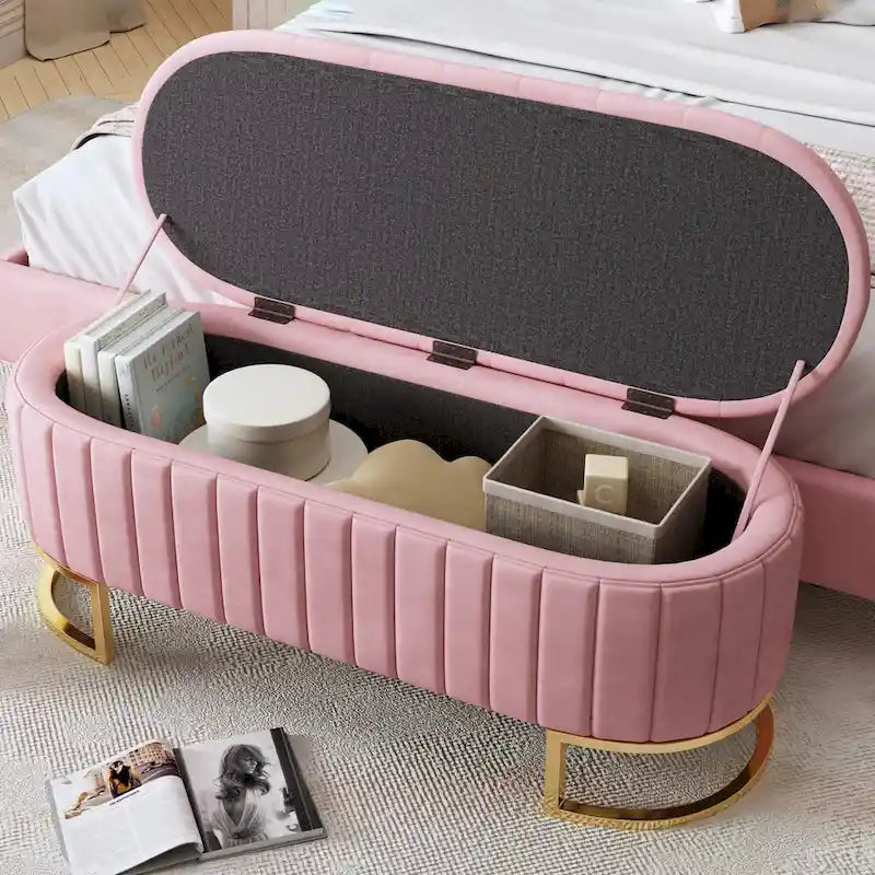 Pouf de rangement élégant en velours capitonné, banc rembourré avec pieds en métal pour chambre à coucher