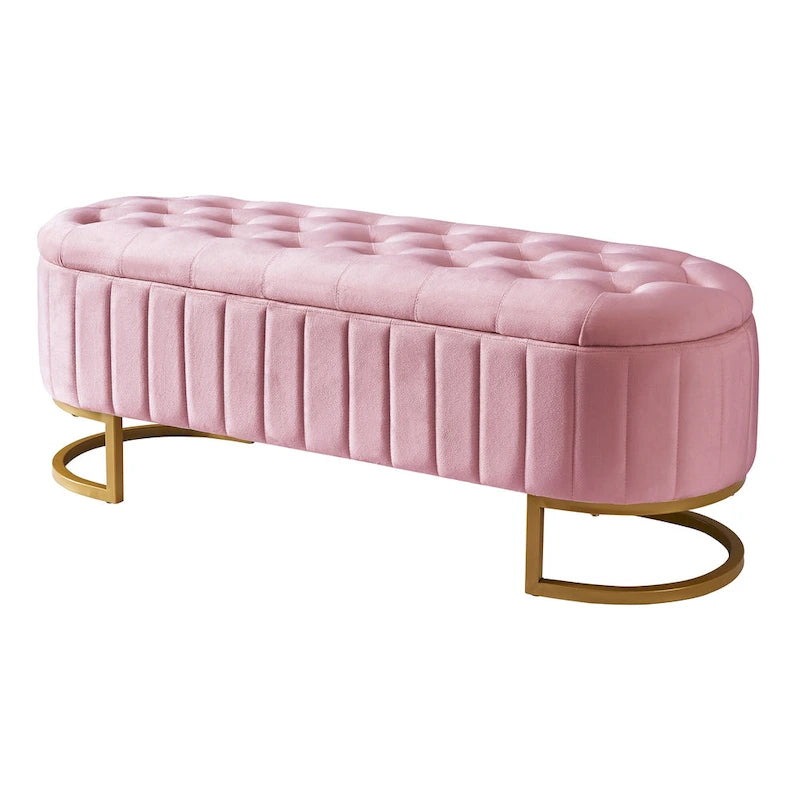 Pouf de rangement élégant en velours capitonné, banc rembourré avec pieds en métal pour chambre à coucher