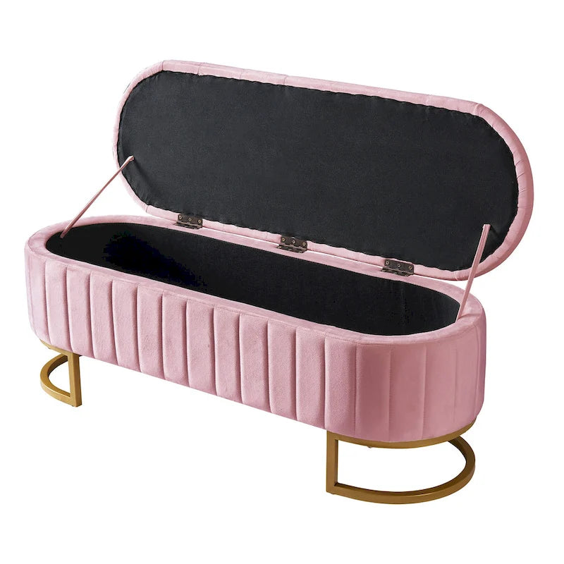 Pouf de rangement élégant en velours capitonné, banc rembourré avec pieds en métal pour chambre à coucher