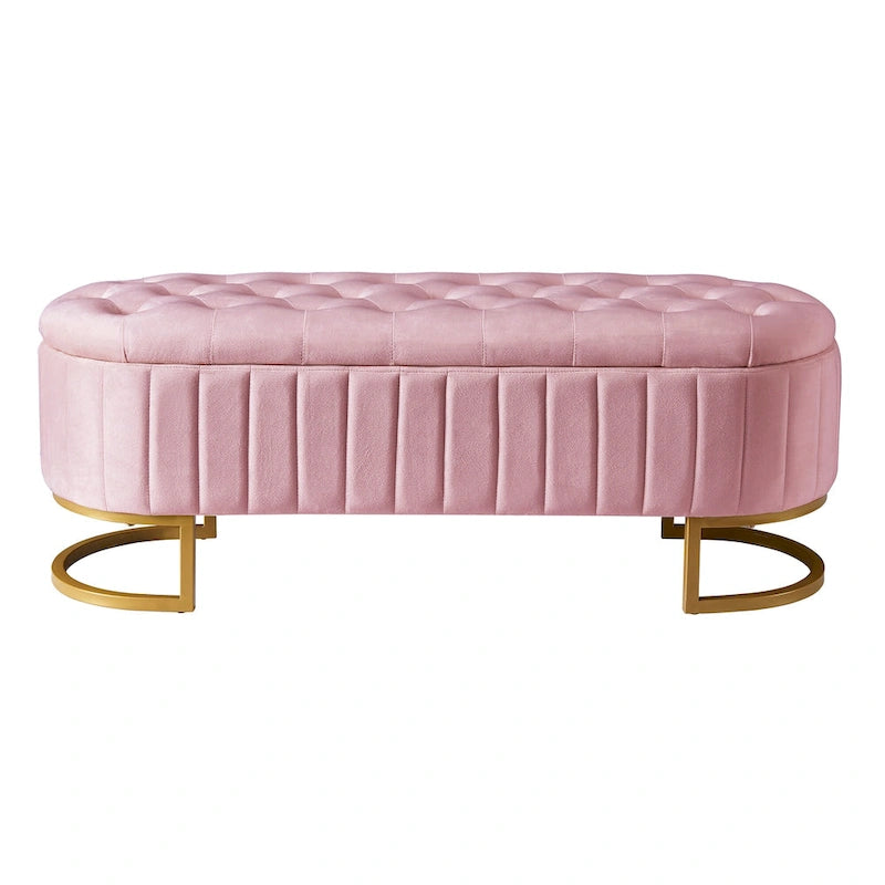 Pouf de rangement élégant en velours capitonné, banc rembourré avec pieds en métal pour chambre à coucher