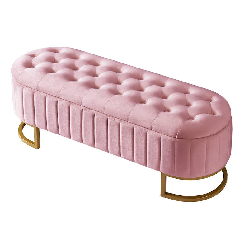 Pouf de rangement élégant en velours capitonné, banc rembourré avec pieds en métal pour chambre à coucher