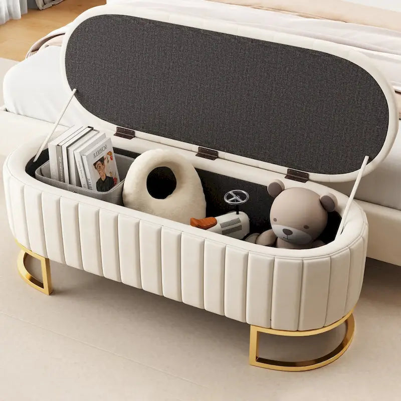 Pouf de rangement élégant en velours capitonné, banc rembourré avec pieds en métal pour chambre à coucher