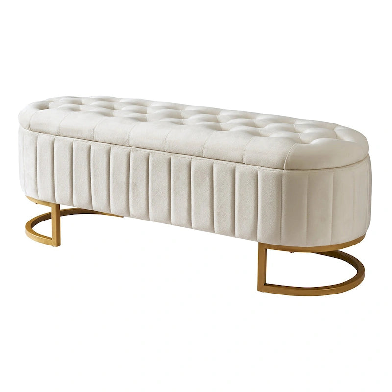 Pouf de rangement élégant en velours capitonné, banc rembourré avec pieds en métal pour chambre à coucher