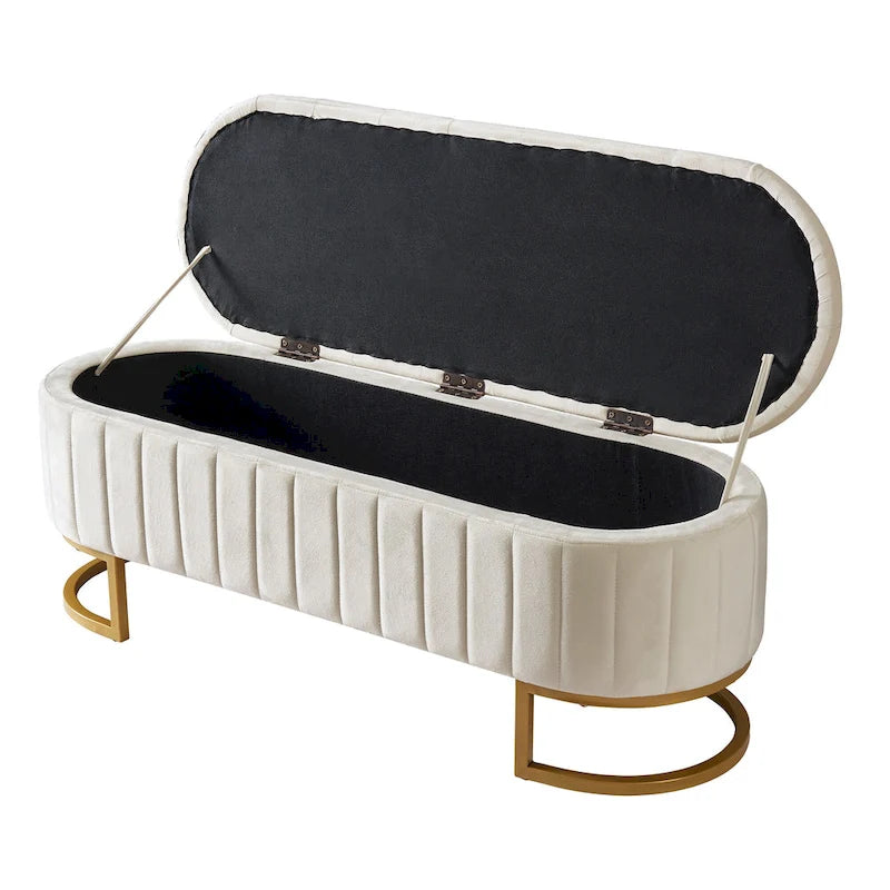 Pouf de rangement élégant en velours capitonné, banc rembourré avec pieds en métal pour chambre à coucher