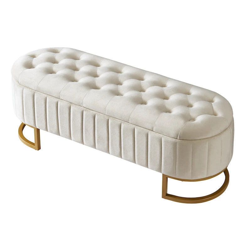 Pouf de rangement élégant en velours capitonné, banc rembourré avec pieds en métal pour chambre à coucher