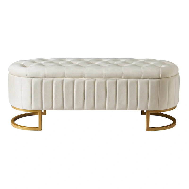 Pouf de rangement élégant en velours capitonné, banc rembourré avec pieds en métal pour chambre à coucher
