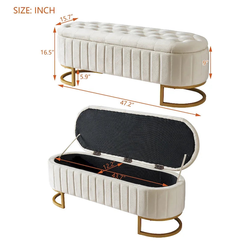 Pouf de rangement élégant en velours capitonné, banc rembourré avec pieds en métal pour chambre à coucher